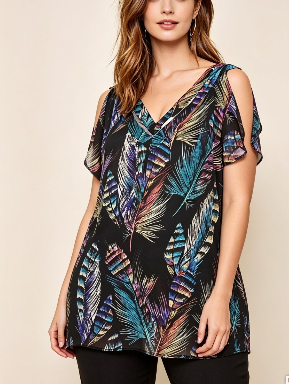 Dynamite Feather Print Blouse Size Large Black Multicolor V-Neck Sheer